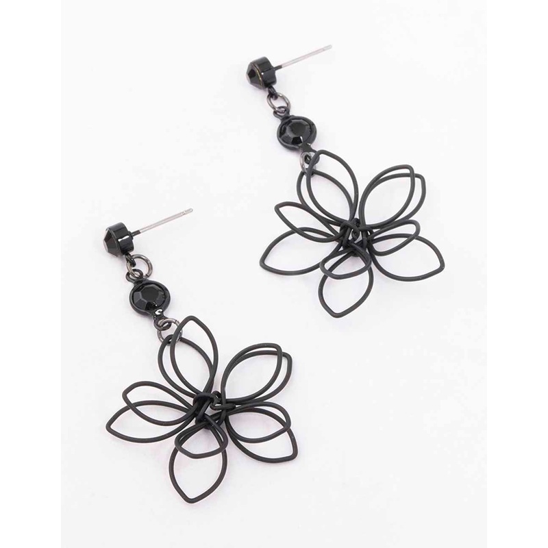 Black Wire Beaded Drop Flower Earrings