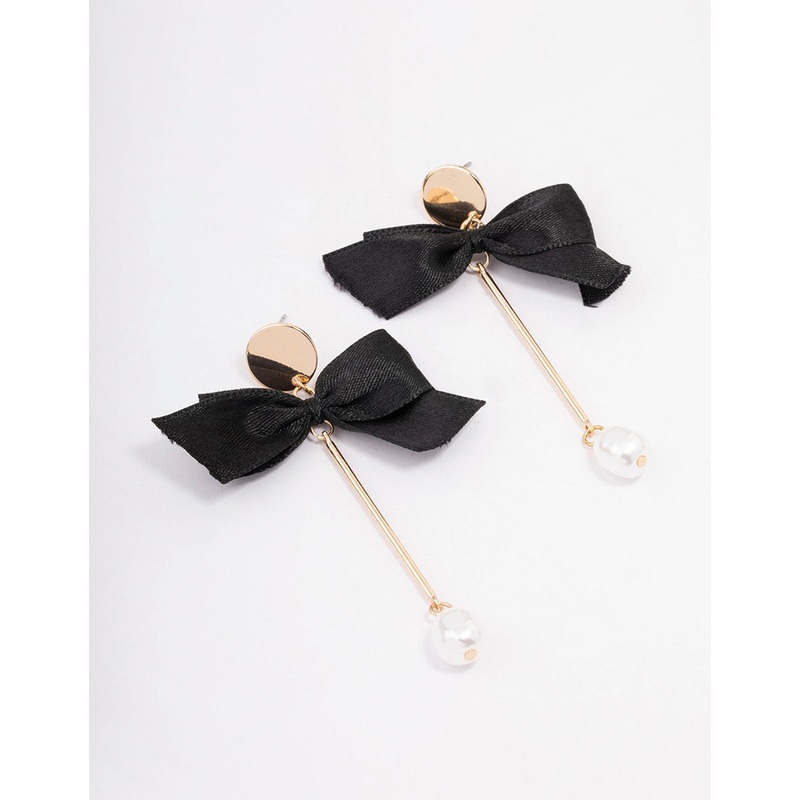 Gold Bow & Pearl Bar Drop Earrings