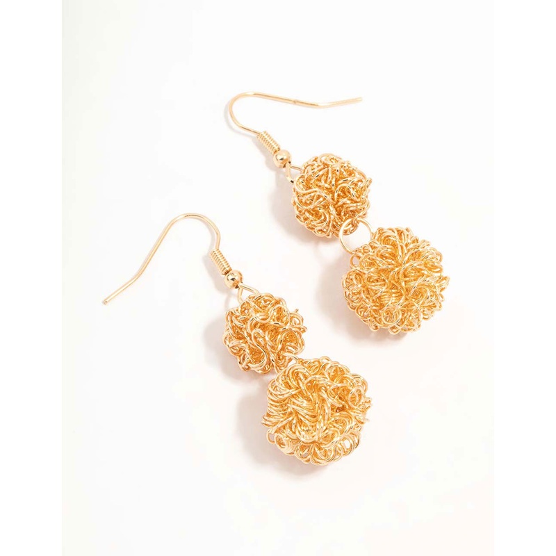Gold Double Wire Ball Drop Earrings