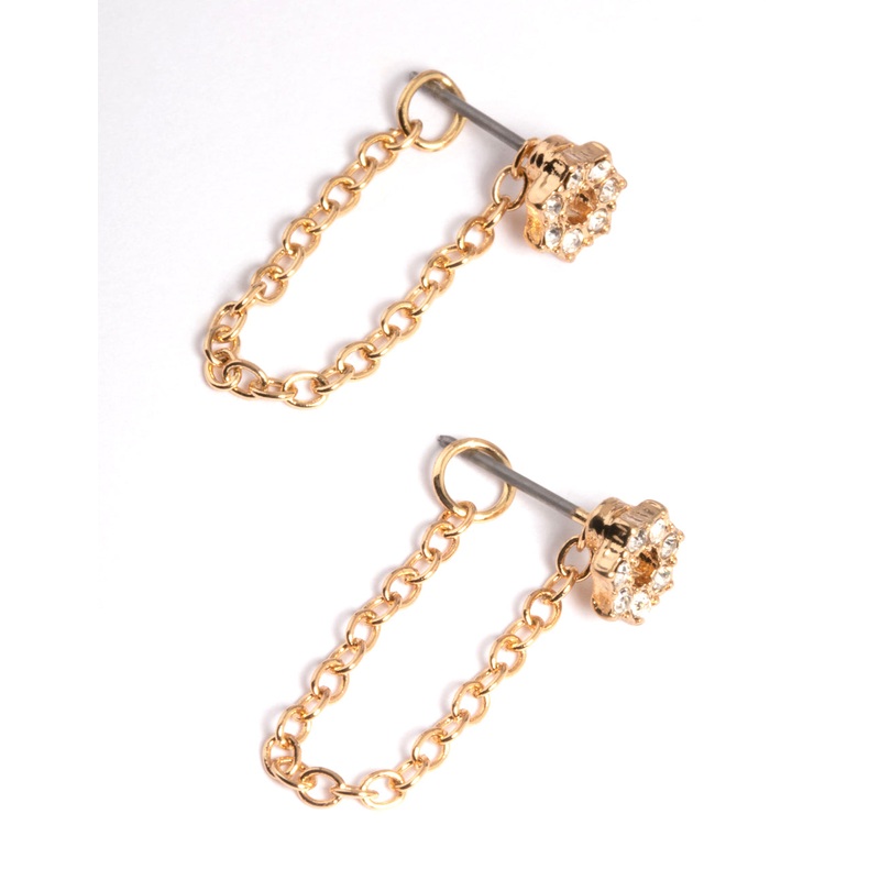 Gold Flower Chain Front & Back Earrings