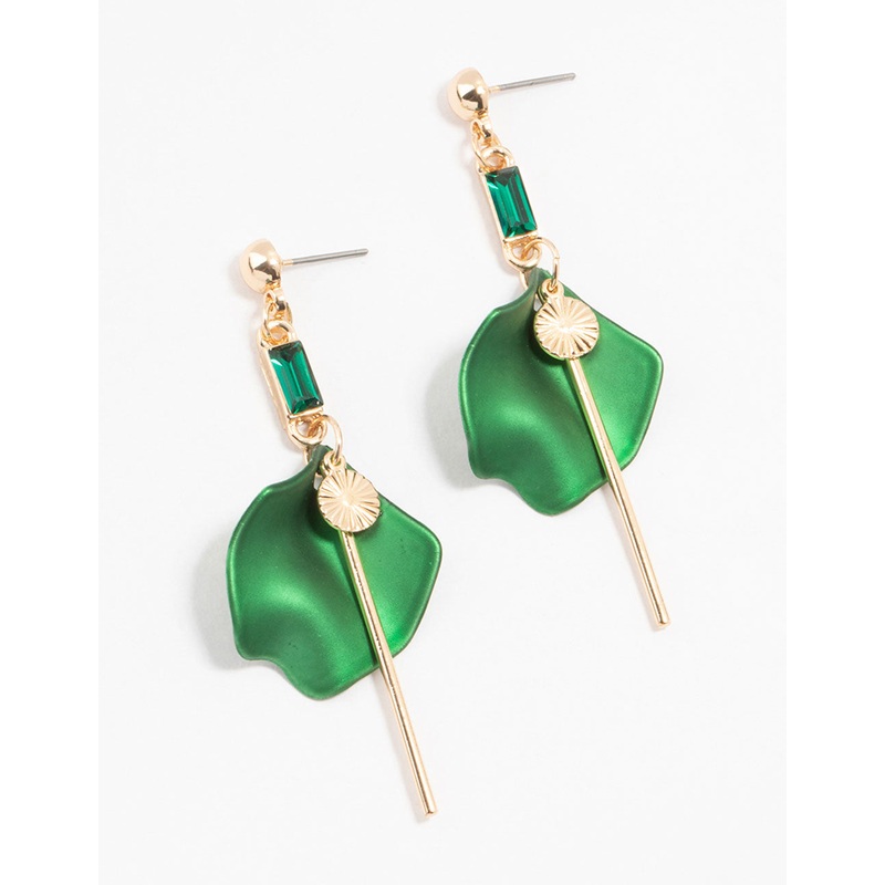Gold Green Pearlised Bow Chain Drop Earrings