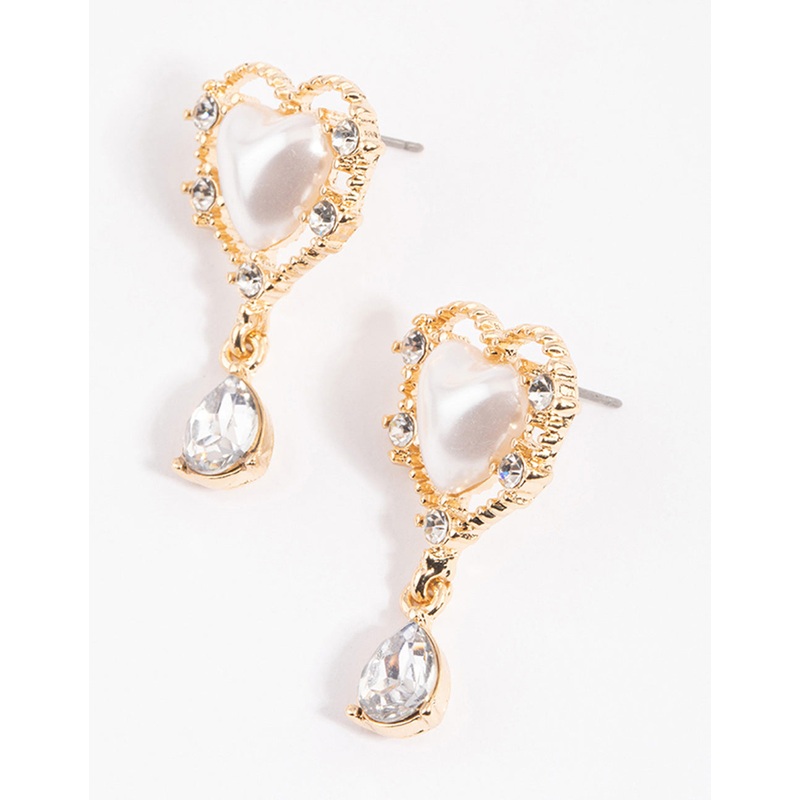 Gold Ornate Diamante & Heart Drop Earrings