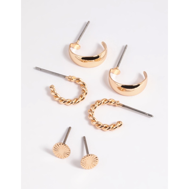 Gold Plain & Twist Stud Earring Pack