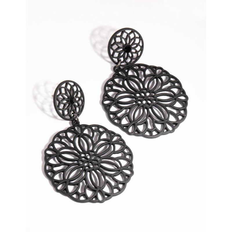 Matte Black Coated Metal Filigree Drop Earrings