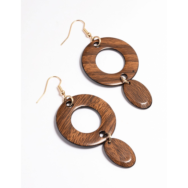 Natural Wood Mixed Circle Drop Earrings