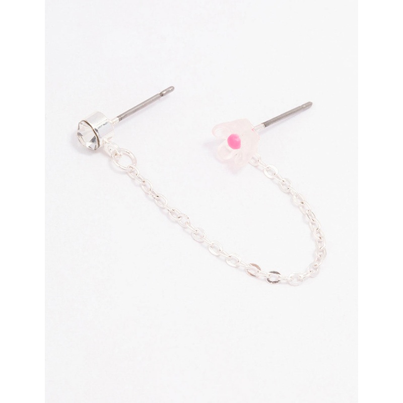 Pink Flower Diamante Stud Chain Earrings