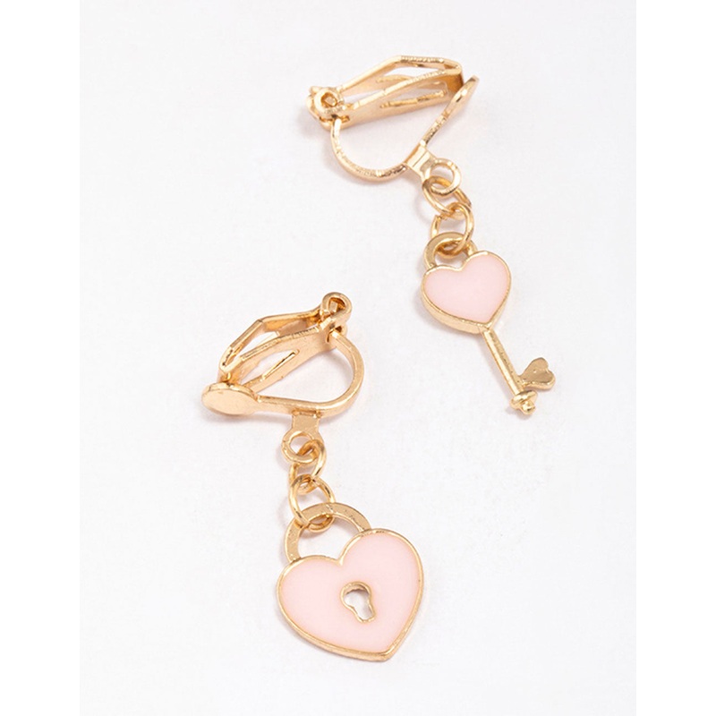 Pink Heart & Lock Clip-On Earrings