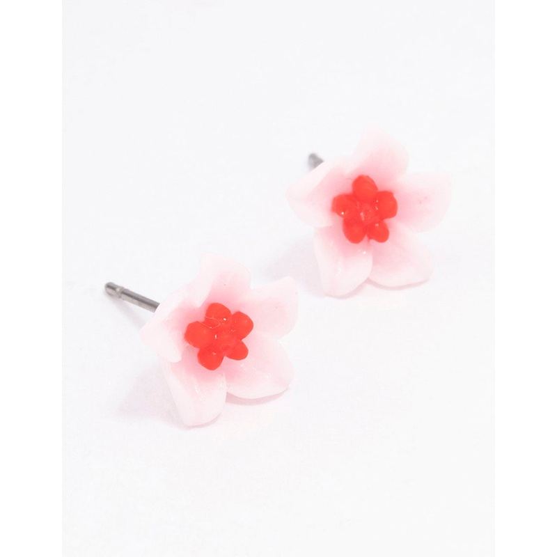 Pink Hibiscus Flower Stud Earrings