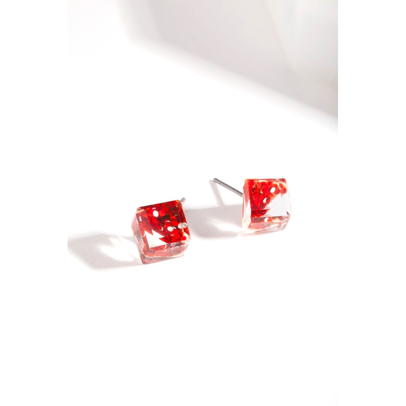 Red Glitter Square Stud Earrings