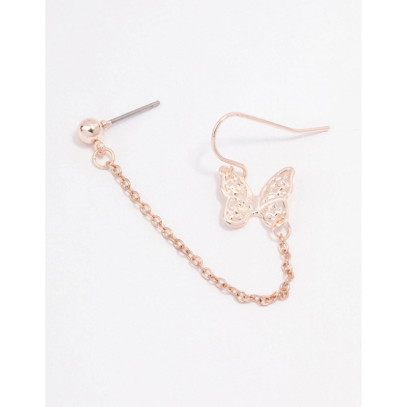 Rose Gold Butterfly Drop Chain Earrings