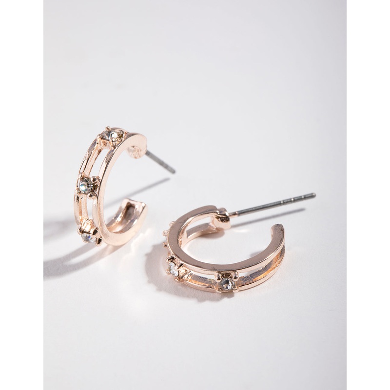 Rose Gold Diamante Ladder Huggie Earrings