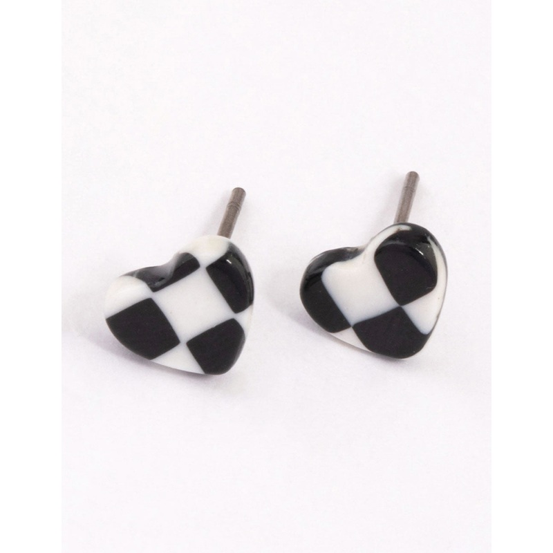 White & Black Check Heart Stud Earrings