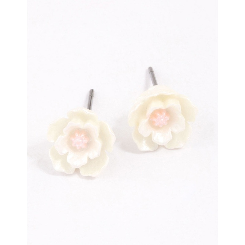 White Pearlised Flower Stud Earrings