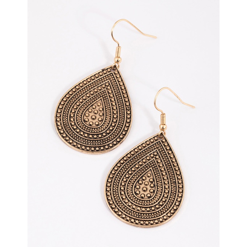 Antique Gold Stippled Teardrop Earrings