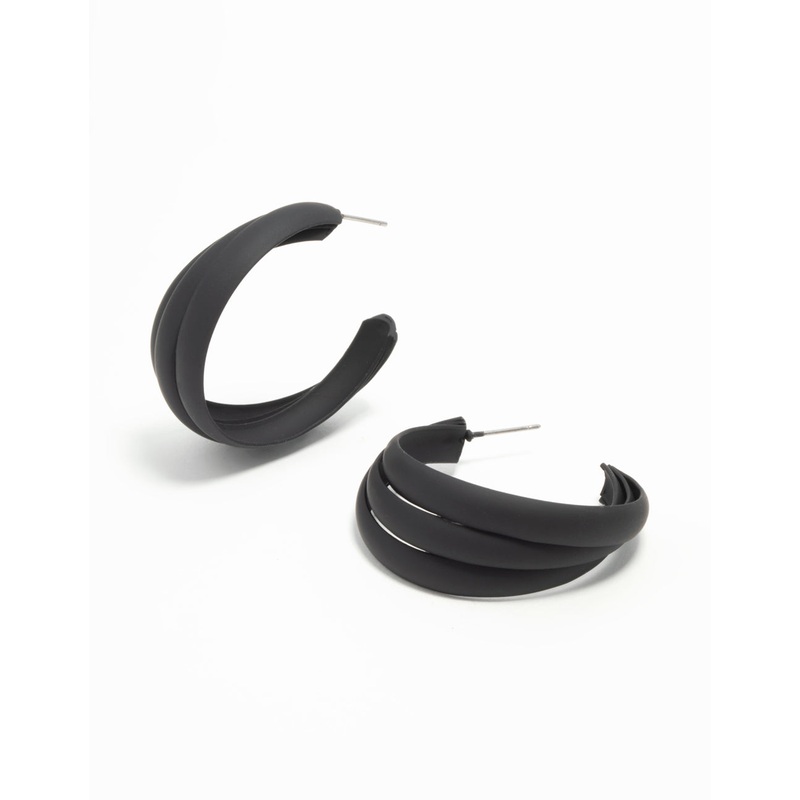 Black Coated Metal Ridge Hoop Earrings