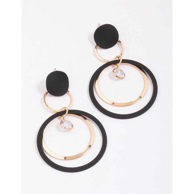 Black & Gold Fine Disc Diamante Drop Earrings