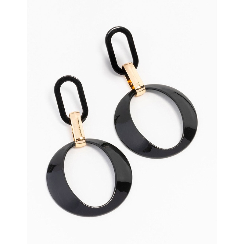 Black Gold Oval Circle Link Drop Earrings