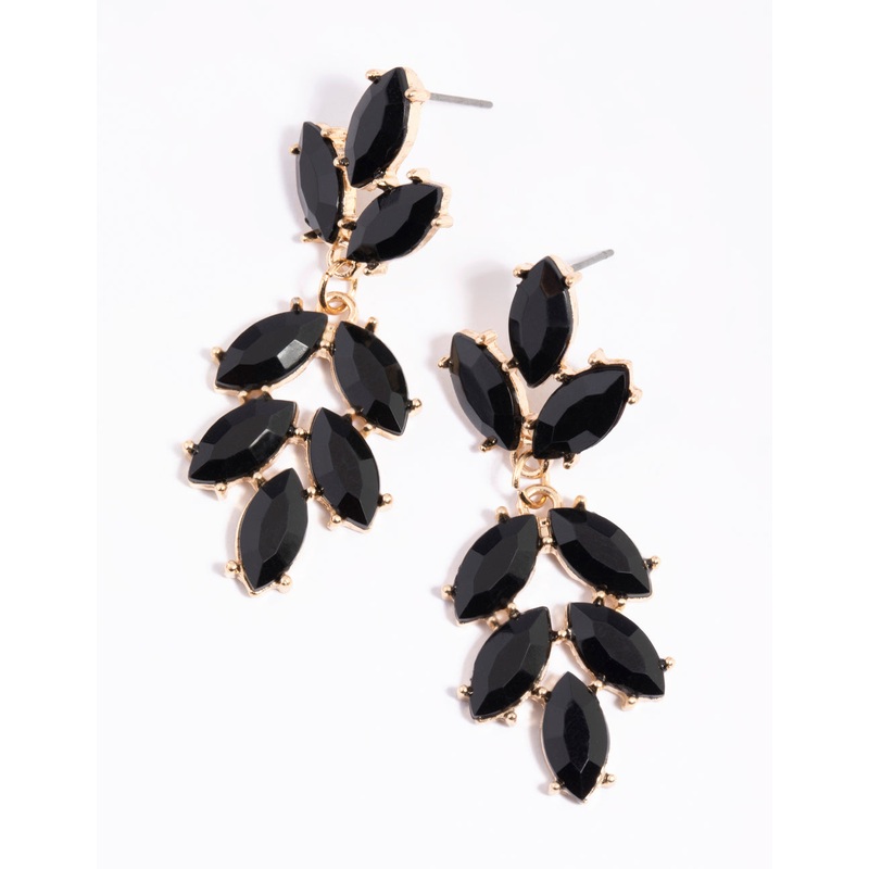 Black Stone & Leaf Drop Earrings