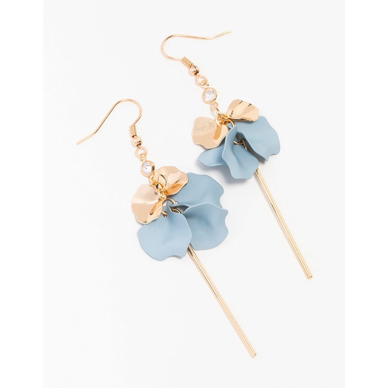 Blue Coated Metal Diamante Layered Petal Drop Earrings