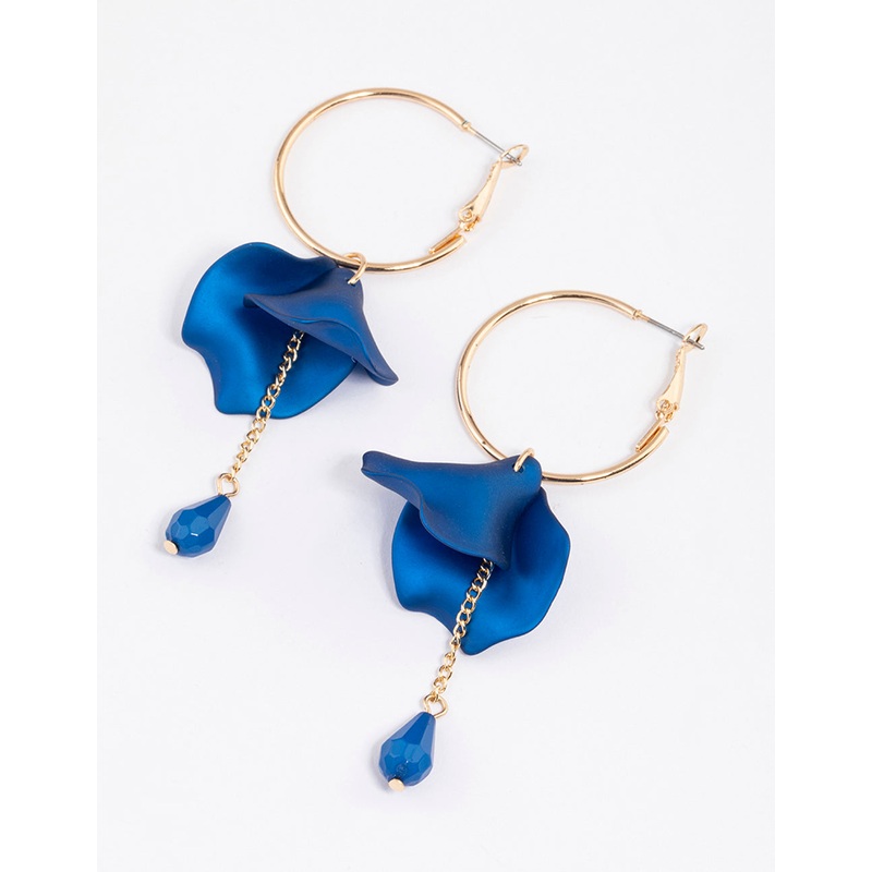 Blue Petal & Chain Hoop Earrings