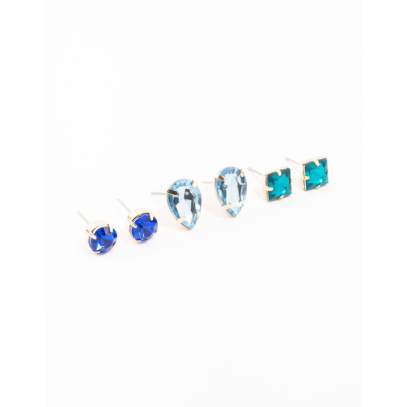 Blue Square, Pear & Circle Gold Stud Earrings 3-Pack