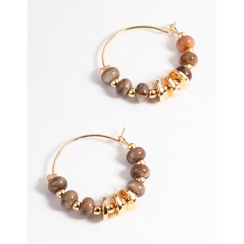 Brown Small Bead & Metal Hoop Earrings