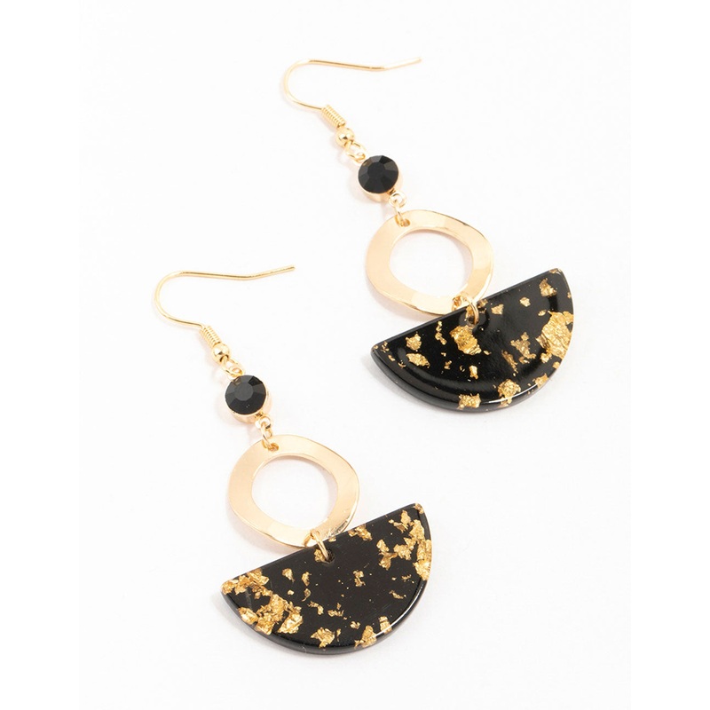 Gold & Black Beaded Half Disc Printed Drop Earrings