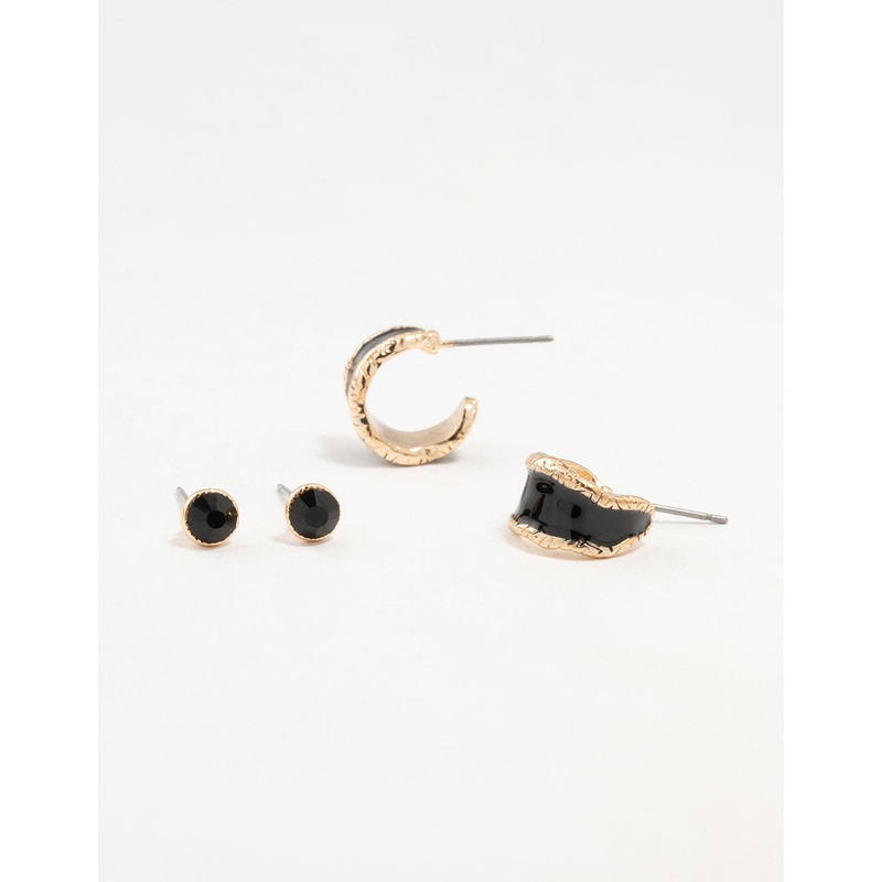 Gold Black Diamante Stud & Hoop Earrings 2-Pack