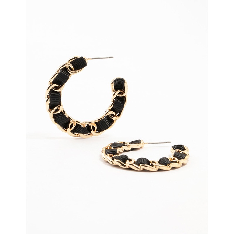 Gold & Black Woven Ribbon Chain Hoop Earrings