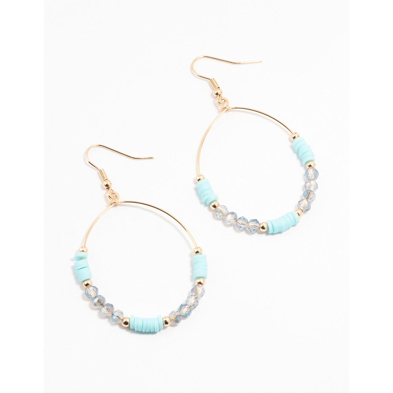 Gold & Blue Beaded & Disc Hoop Drop Earrings