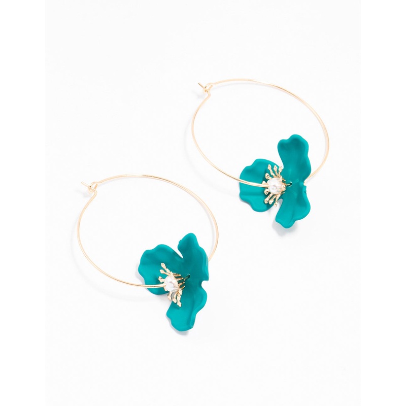 Gold Blue Coated Wire Flower Earrings