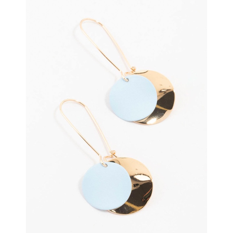 Gold & Blue Long Hawker Double Disc Drop Earrings