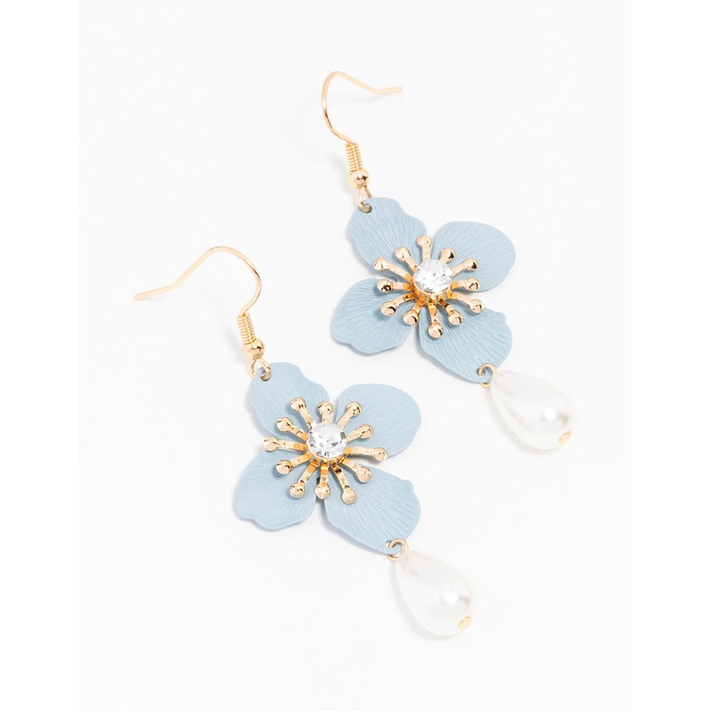 Gold Blue Teardrop Pearl Flower Drop Earrings