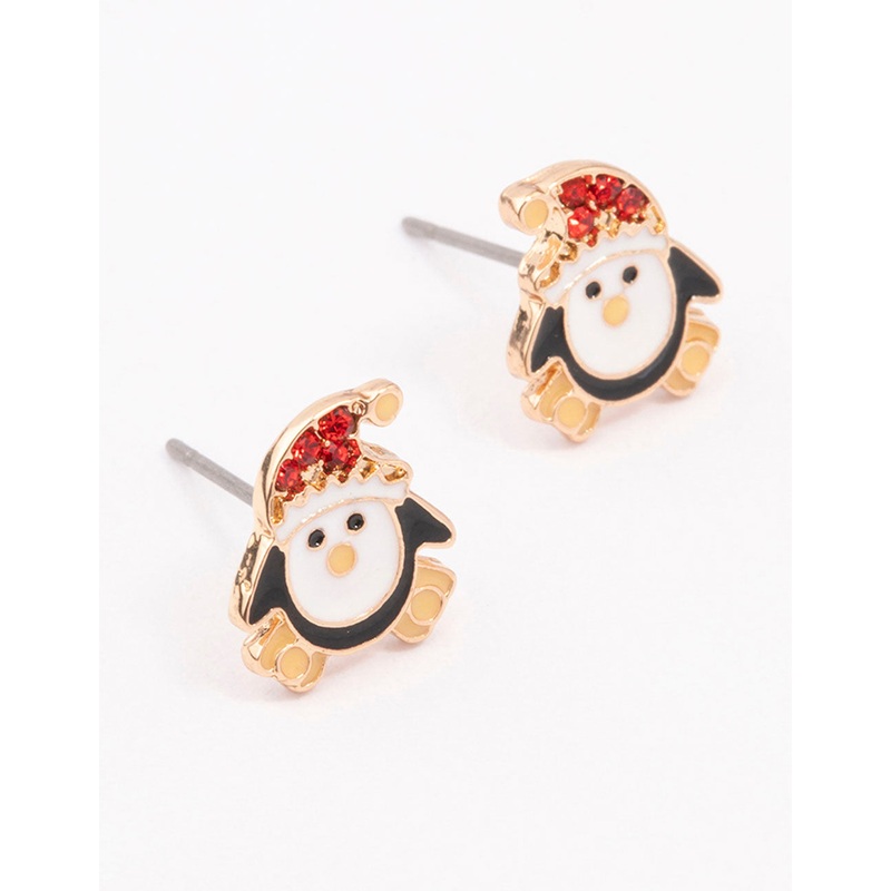 Gold Christmas Penguin Stud Earrings