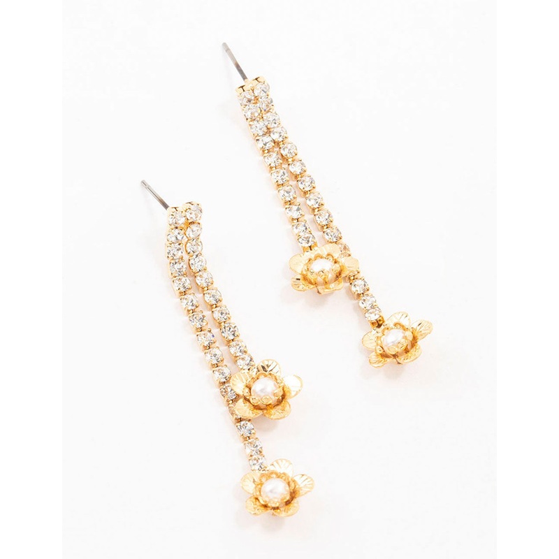 Gold Cup Chain Pearl Flower Drop Earrings