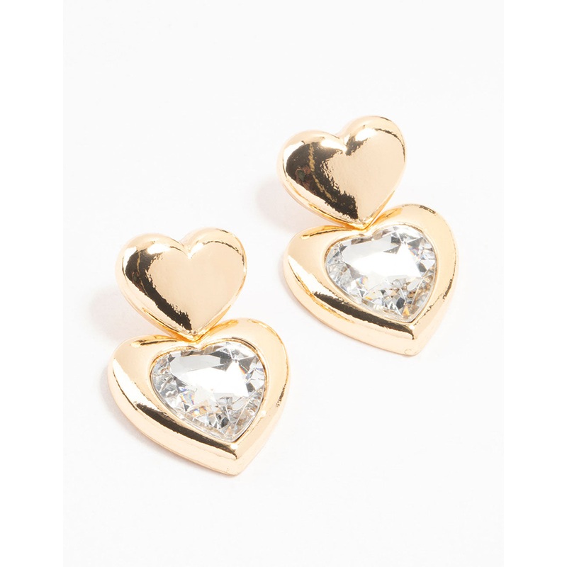Gold Diamante Puffy Heart Drop Earrings