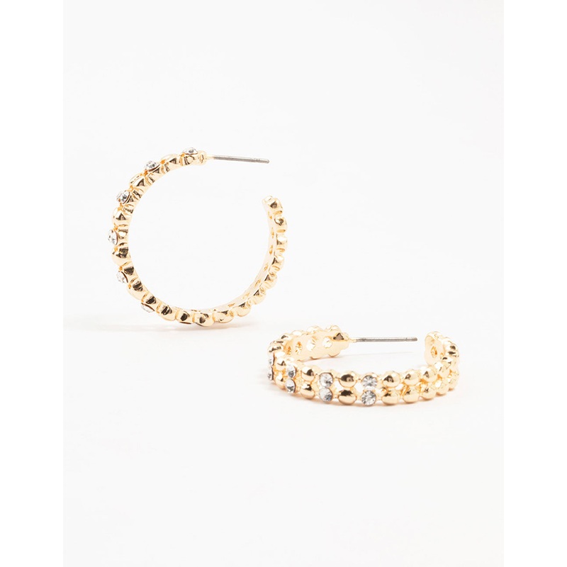 Gold Double Diamante Stapled Hoop Earrings