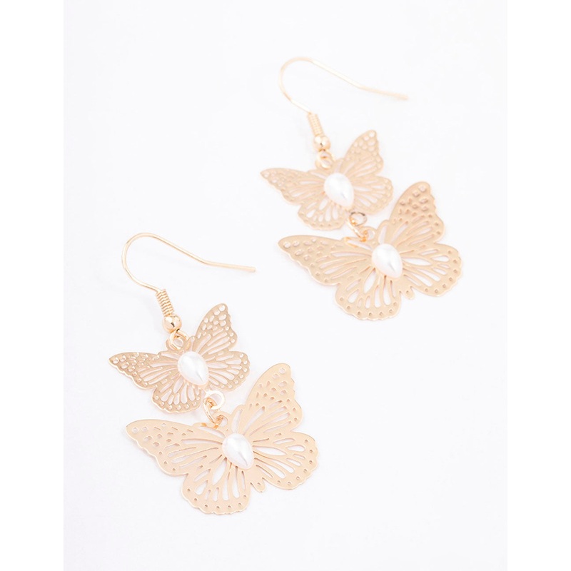 Gold Double Pearl Butterfly Drop Earrings