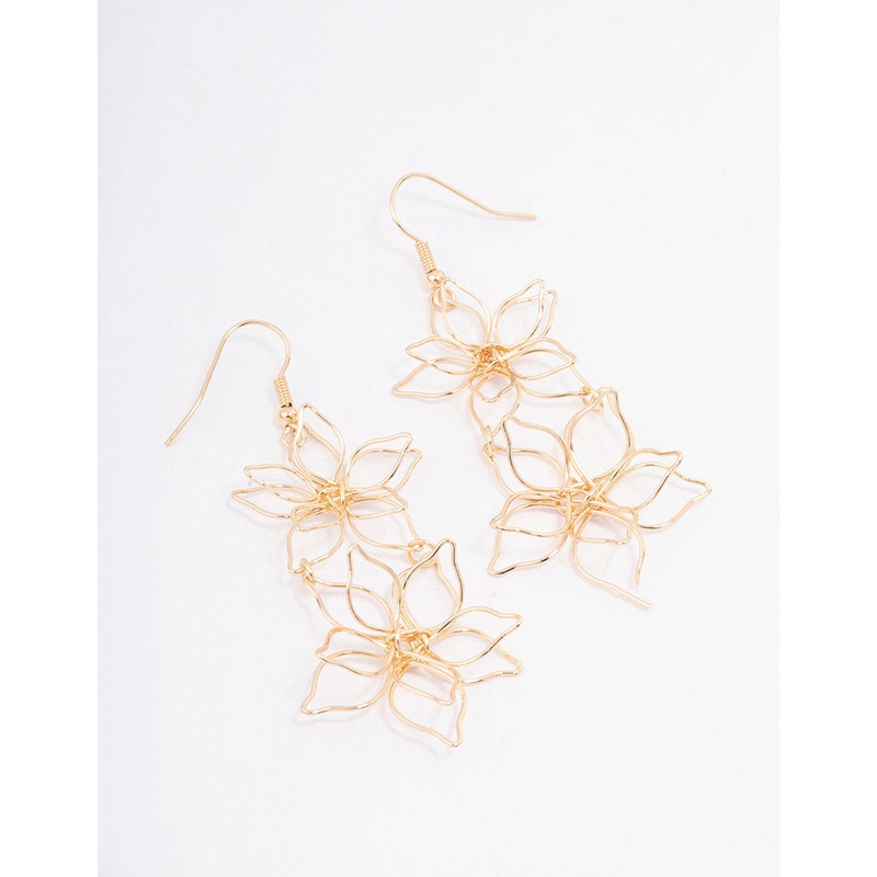 Gold Double Wire Flower Drop Earrings