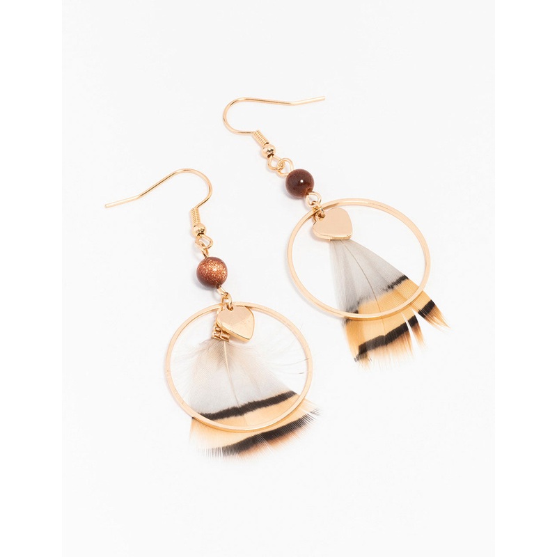 Gold Feather & Bead Ring Drop Earrings