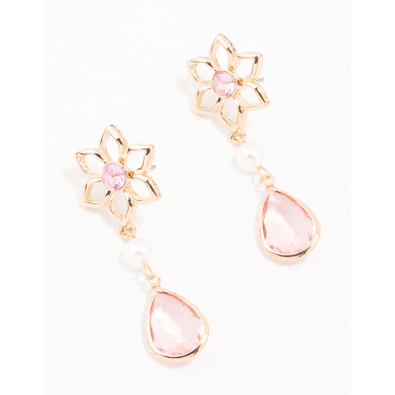 Gold Flower, Pearl & Pink Pear Diamante Drop Earrings