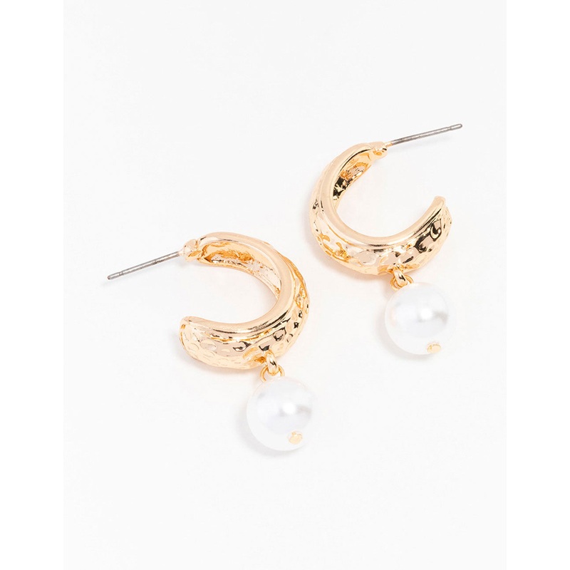 Gold Hammered Pearl Drop Hoop Earrings