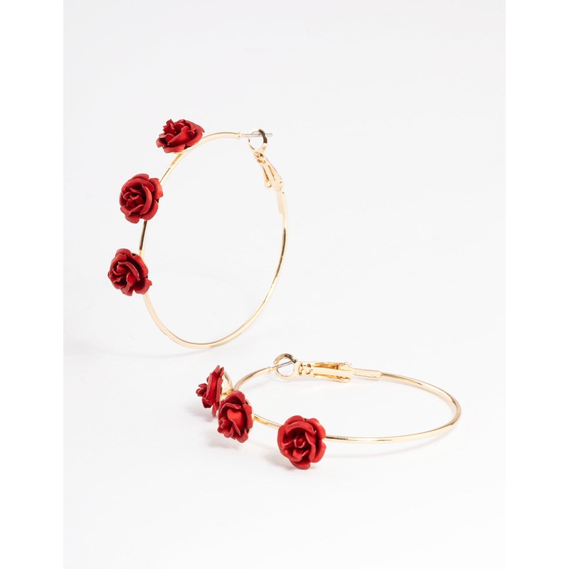 Gold Large Triple Rose Hoop Earrings