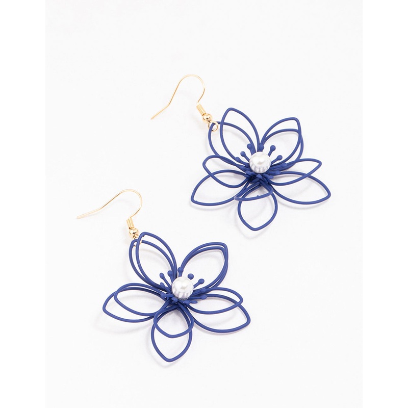 Gold & Navy Blue Wire Pearl Drop Earrings
