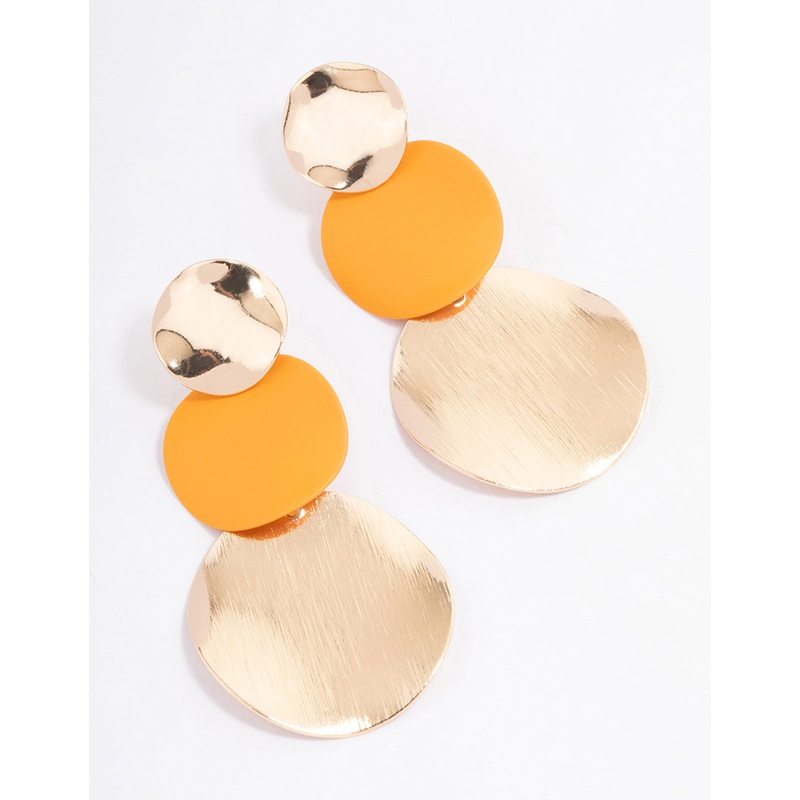 Gold Orange Triple Wrapped Disc Drop Earrings