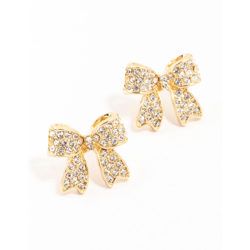 Gold Pave Diamante Bow Stud Earrings