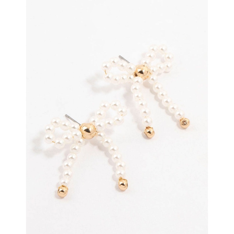 Gold Pearl Beaded Bow Stud Earrings