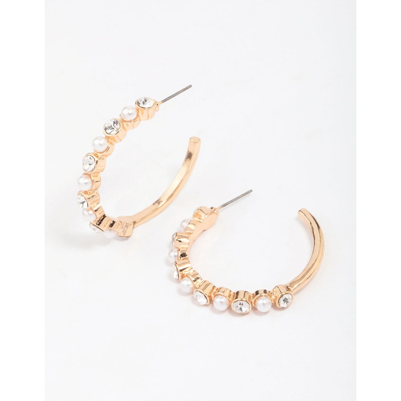 Gold Pearl Diamante Encased Hoop Earrings
