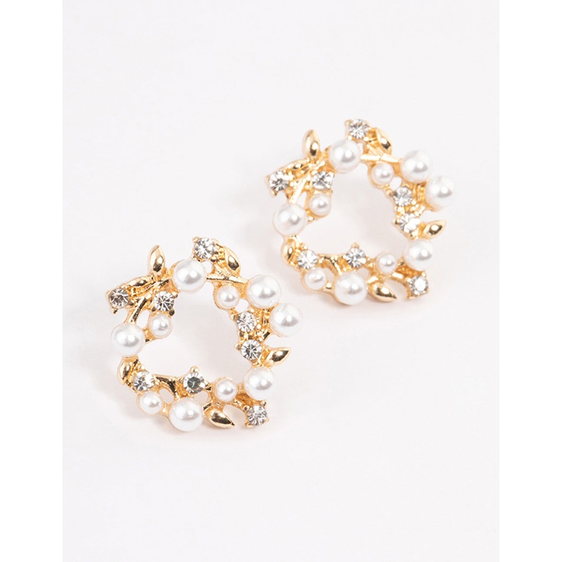 Gold Pearl & Diamante Wreath Stud Earrings