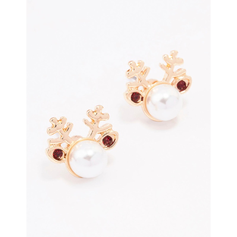 Gold Pearl Reindeer Stud Earrings